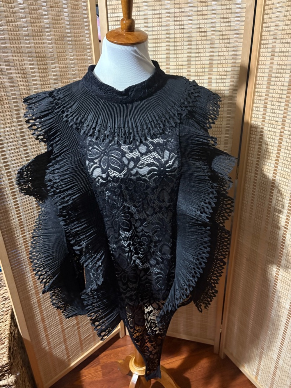 Black Lace Ruffled Mock Neck Women's Top
